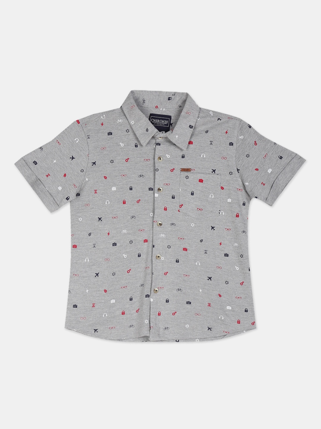 

Cherokee Boys Grey Melange & Red Regular Fit Printed Casual Shirt