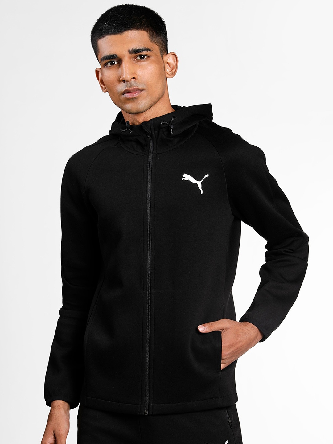

Puma Men Black Solid Evostripe Full-Zip Slim Fit Hooded Track Sustainable Sweatshirt