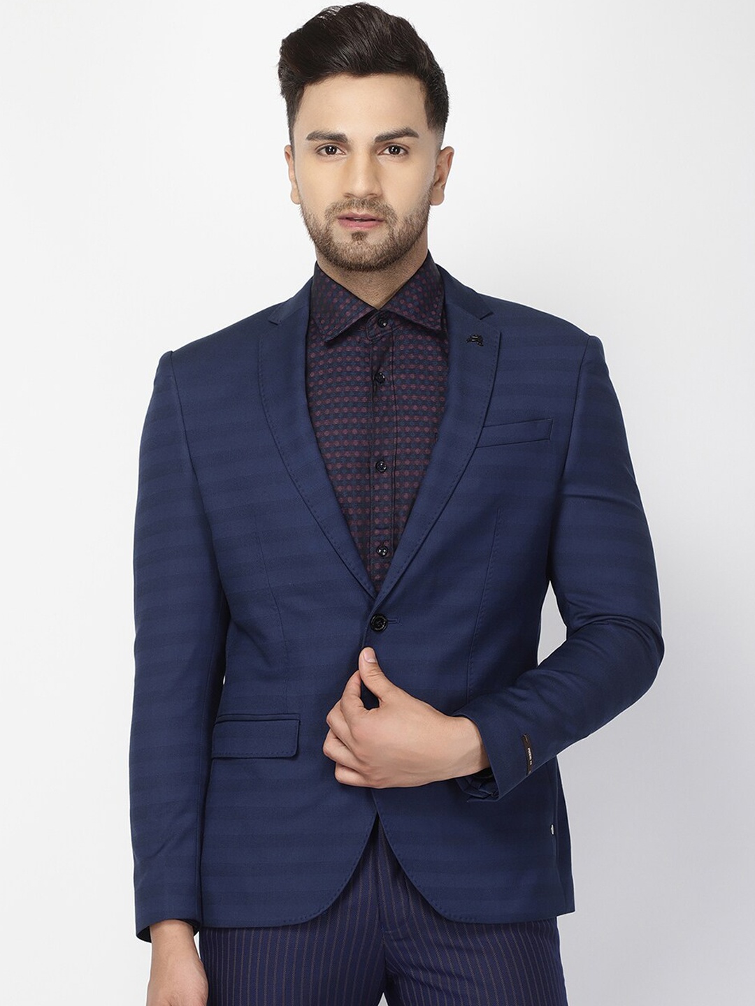 

Blackberrys Men Navy Blue Striped Super Slim-Fit Single-Breasted Blazer