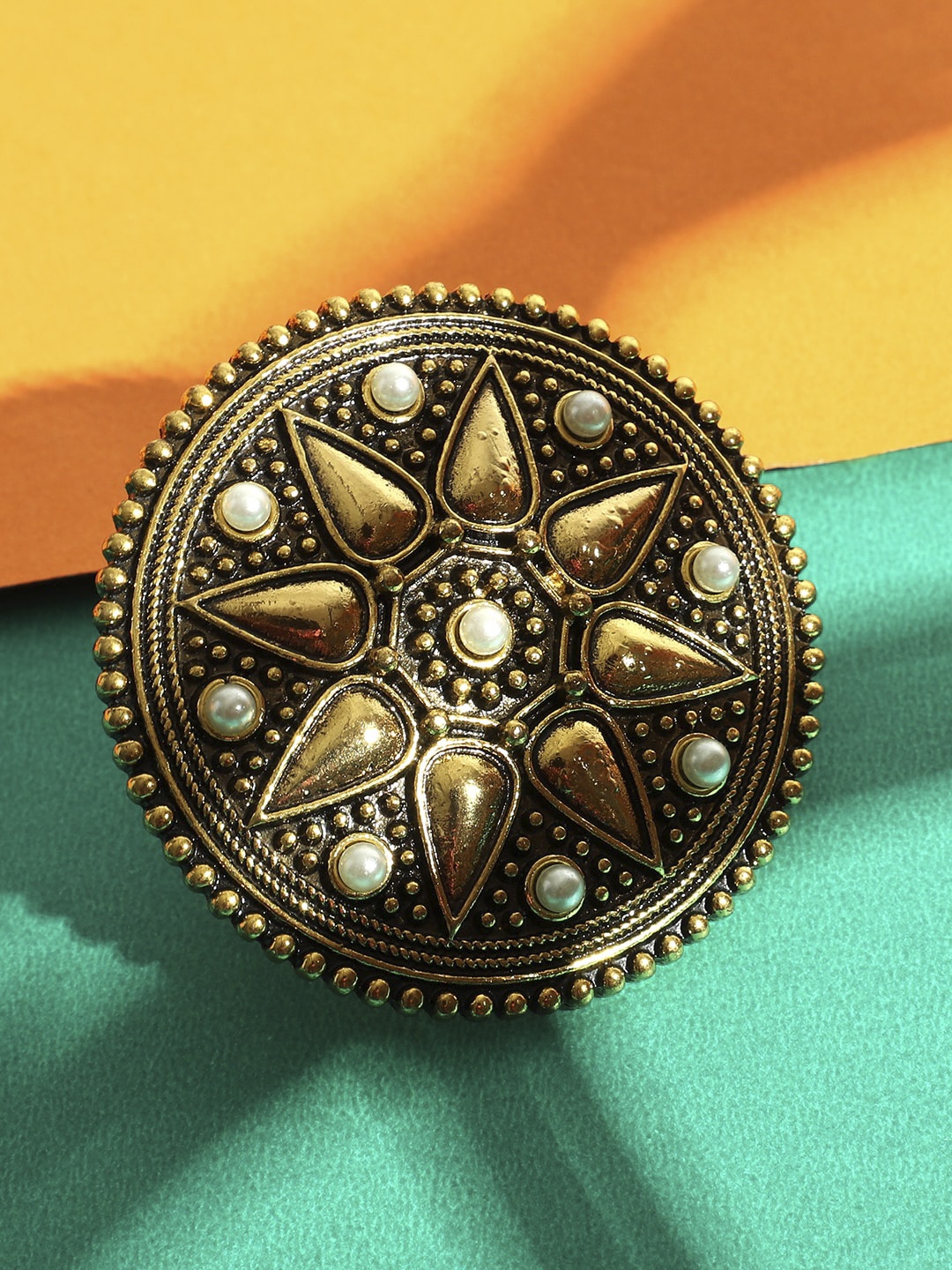 

ANIKAS CREATION Oxidized Gold-Plated White Beaded Adjustable Finger Ring