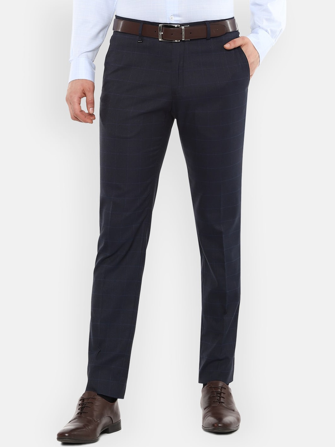 

Van Heusen Men Navy Blue Slim Fit Checked Formal Trousers
