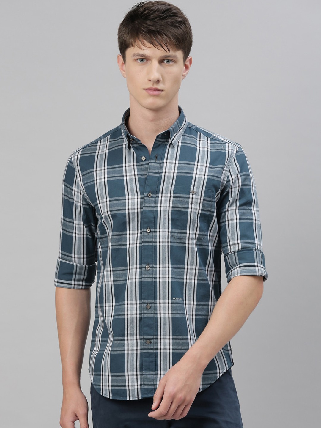 

RARE RABBIT Men Teal Slim Fit Tartan Checks Opaque Checked Casual Shirt