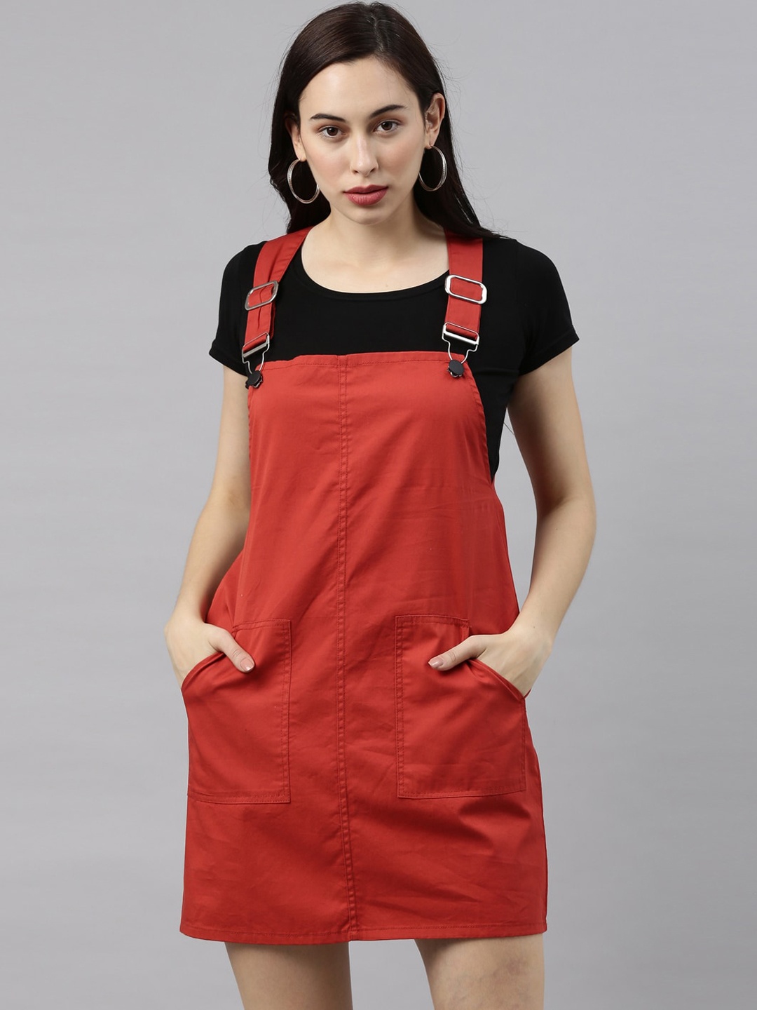 

ZHEIA Women Rust-Colored Solid Cotton Pinafore Dress