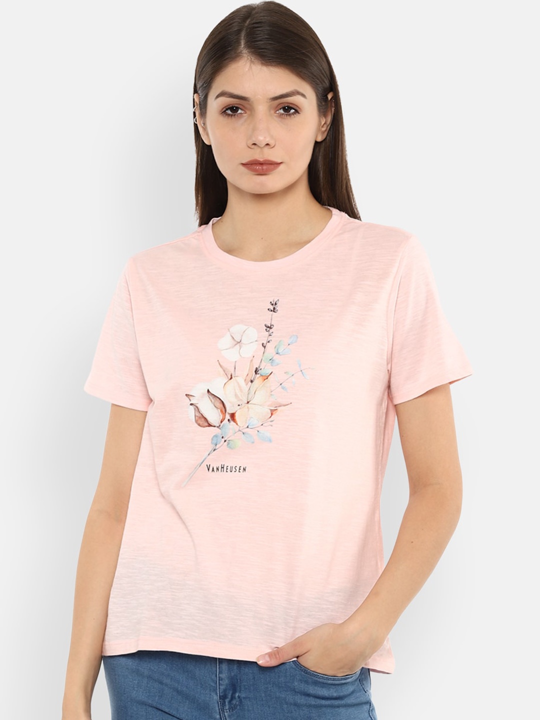 

Van Heusen Woman Peach-Coloured Printed Regular Top