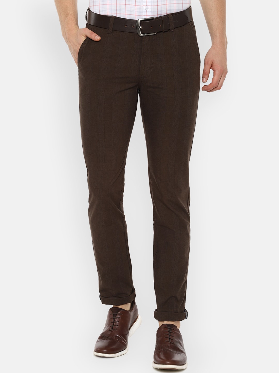 Van Heusen Sport Men Brown Slim Fit Checked Regular Trousers