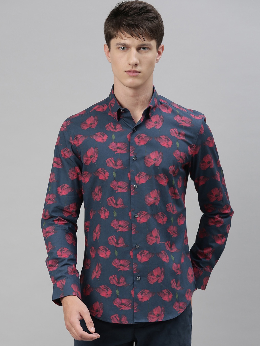 

RARE RABBIT Men Navy Blue & Pink Slim Fit Printed Casual Shirt