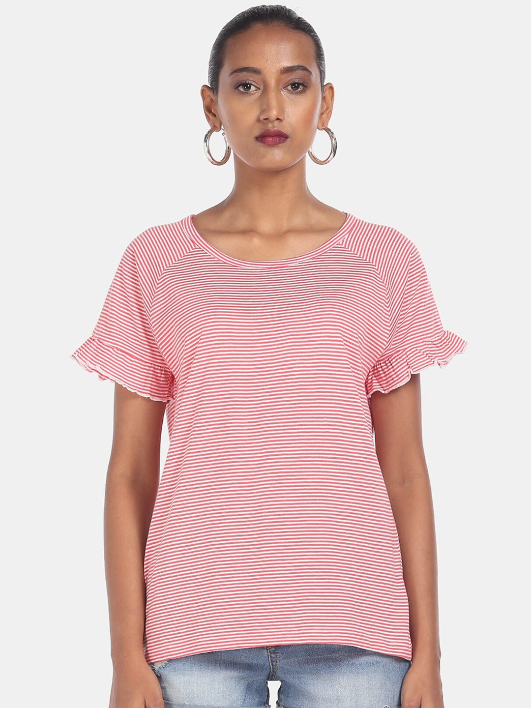

Cherokee Red & White Striped Bell Sleeves Pure Cotton Regular Top