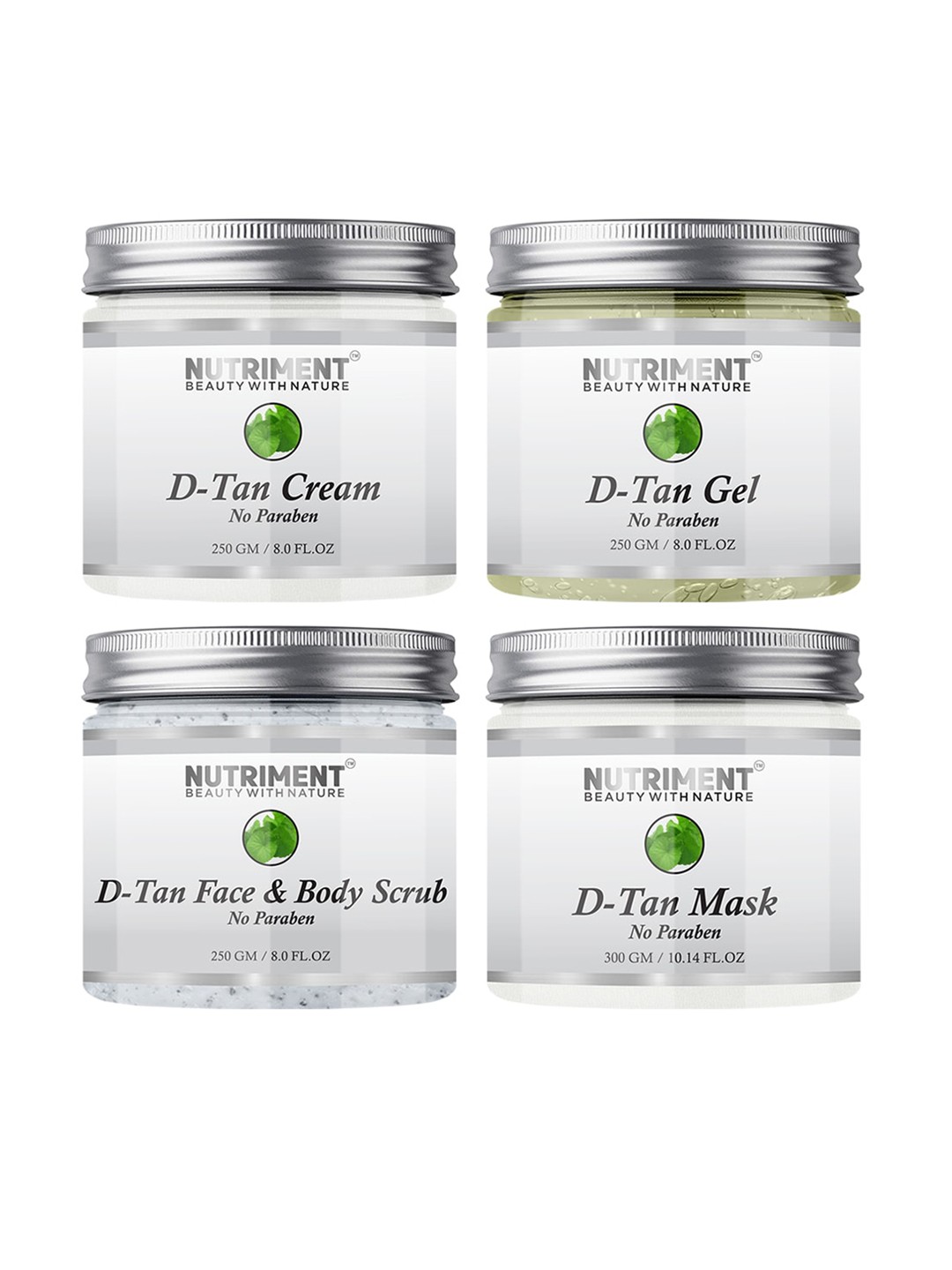

Nutriment Pack of 4 D Tan Scrub - Gel - Cream & Mask - 1050 g, Transparent
