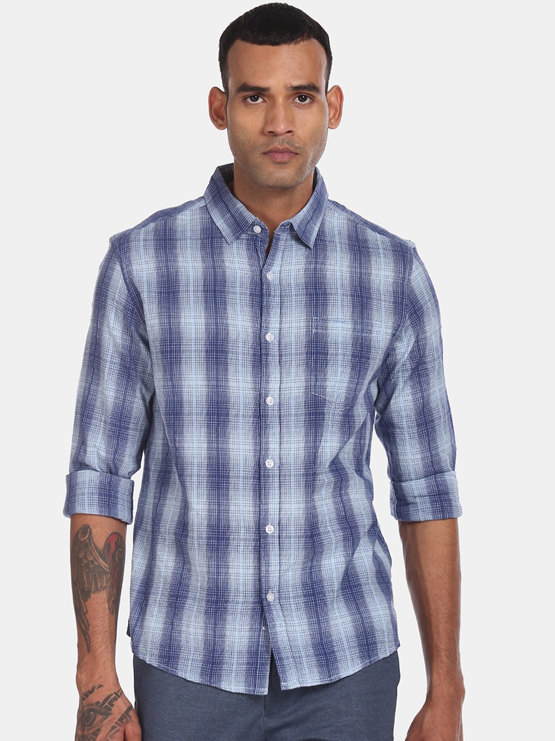 

Ruggers Men Blue Regular Fit Checked Casual Shirt