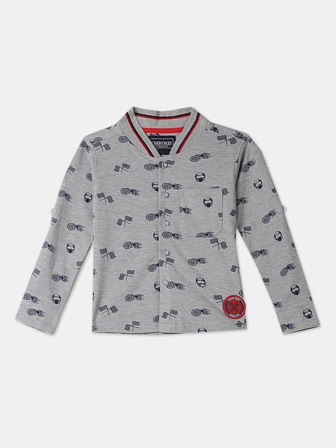 

Cherokee Boys Grey Melange & Navy Blue Regular Fit Printed Casual Shirt