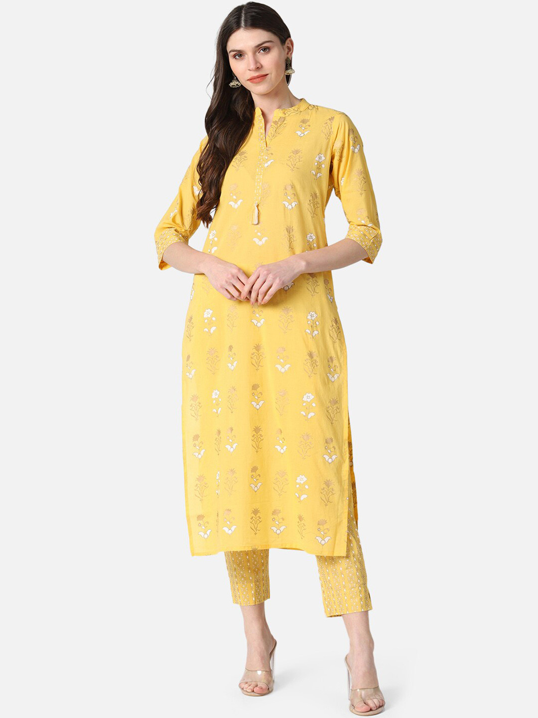 

AHIKA Women Yellow & Off-White Printed Kurta with Trousers