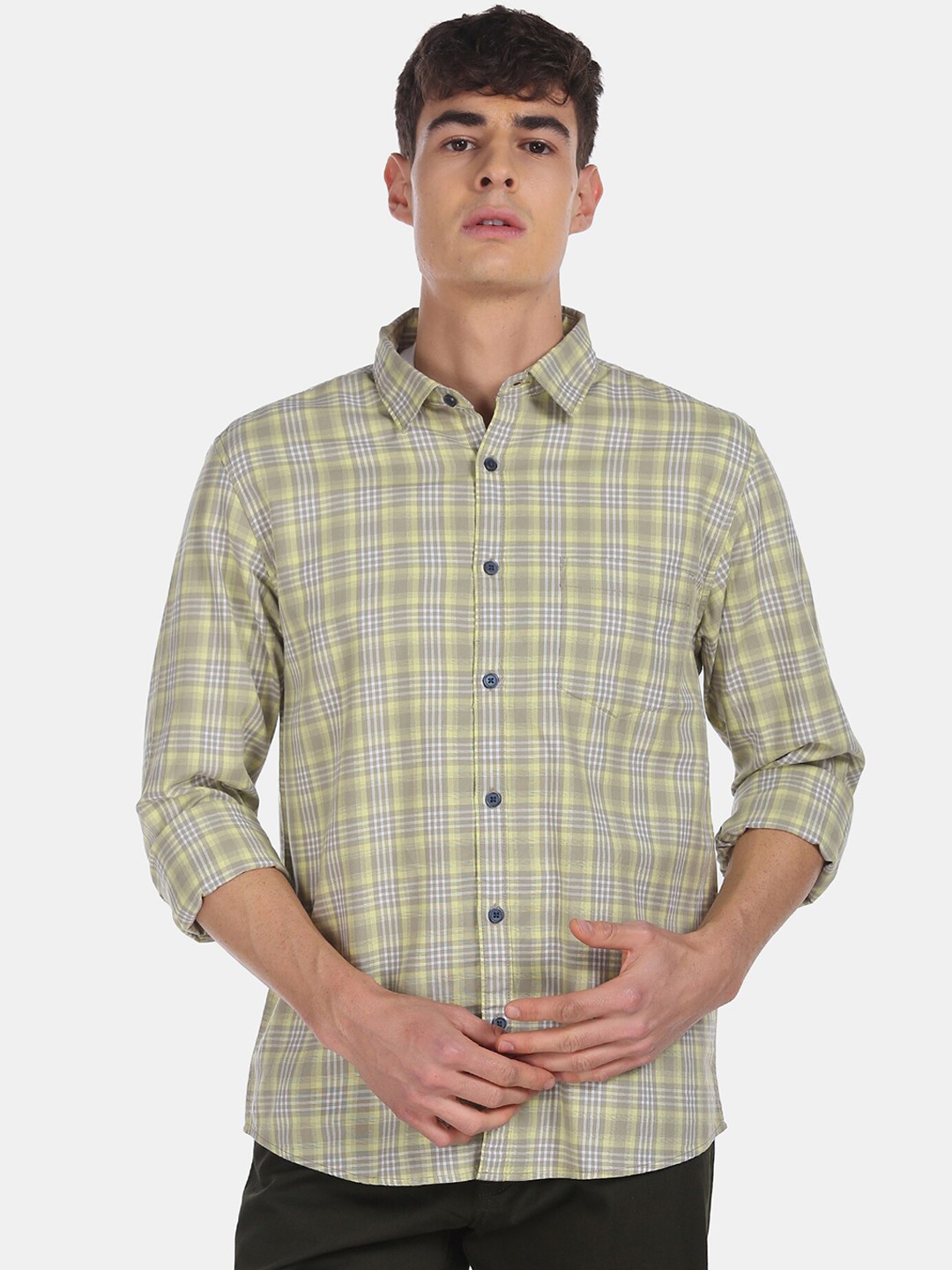 

Ruggers Men Yellow & Grey Checked Pure Cotton Casual Shirt