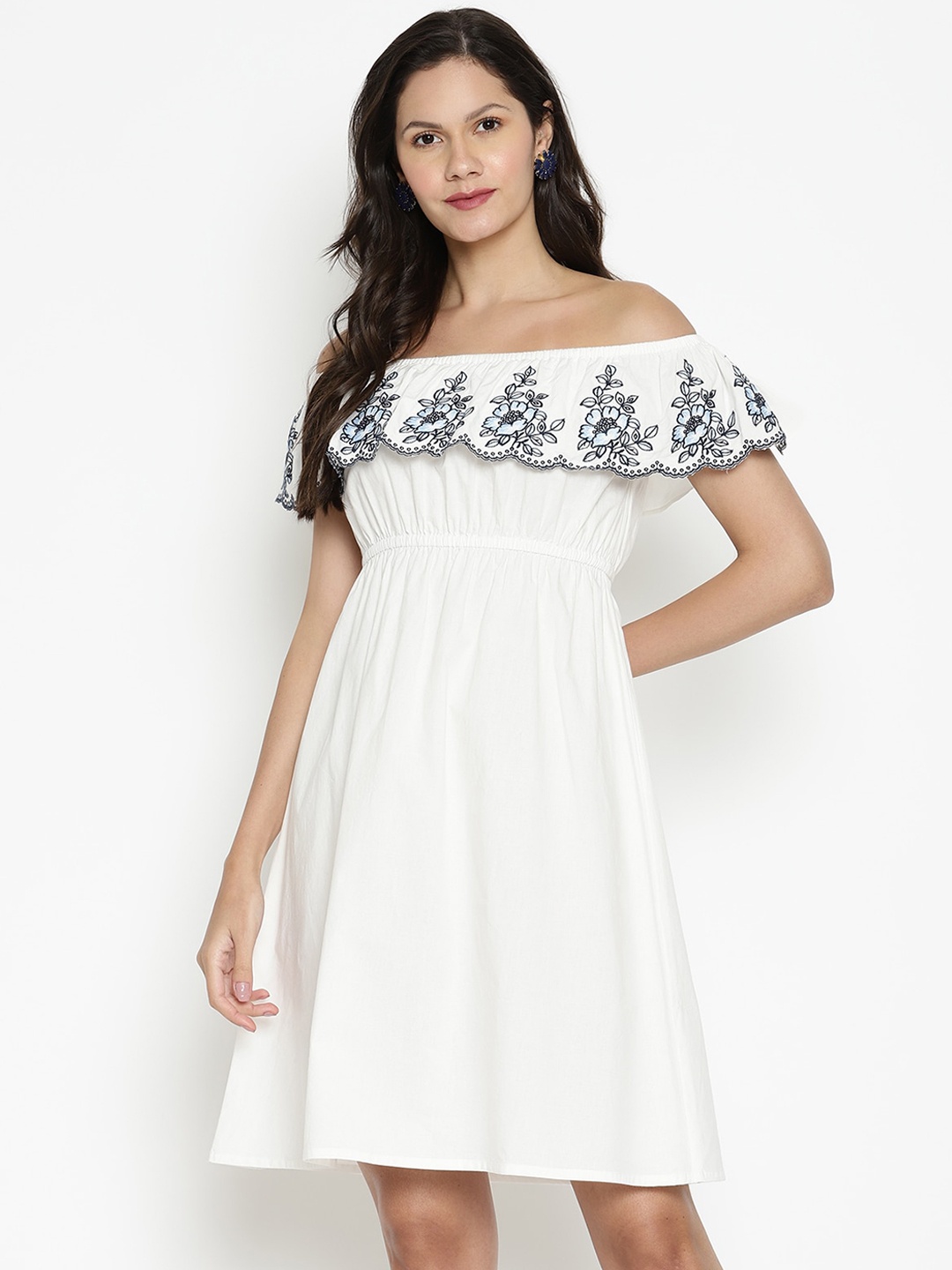 

VANCA ECO Women White Pure Cotton Solid A-line Off-Shoulder Dress