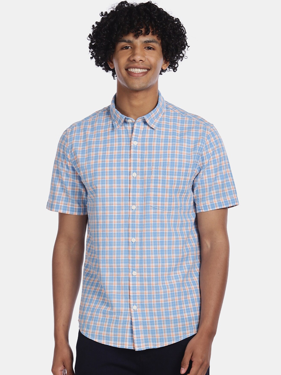 

Ruggers Men Blue & Orange Checked Pure Cotton Casual Shirt