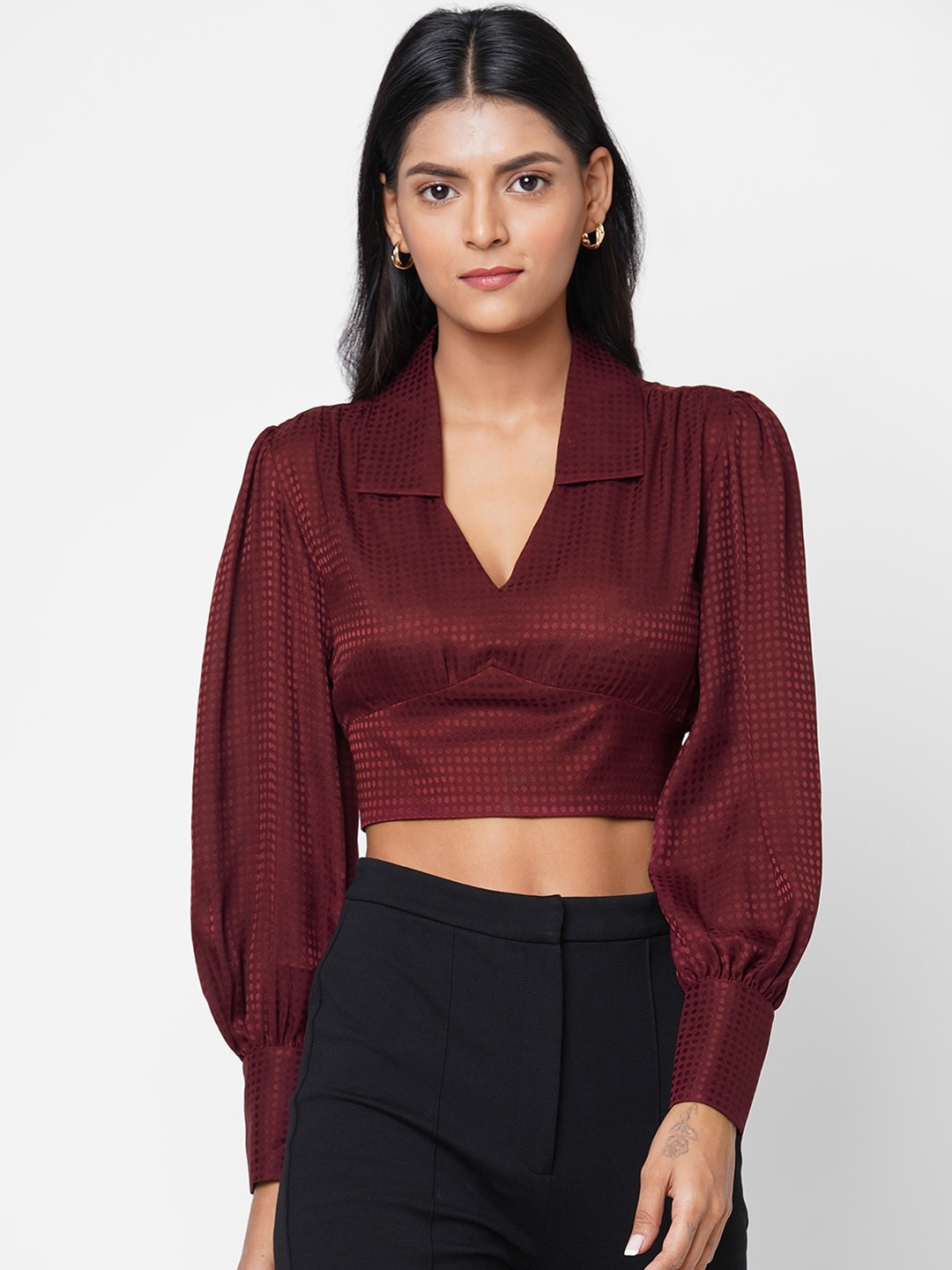 

20Dresses Maroon Bishop Sleeves Satin Regular Crop Top
