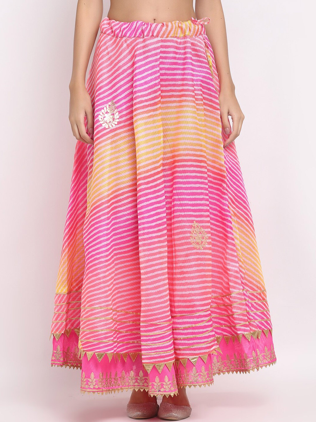 

SOUNDARYA Women Pink & White Cotton Kota Doriya Leheriya Print Flared Maxi Skirt