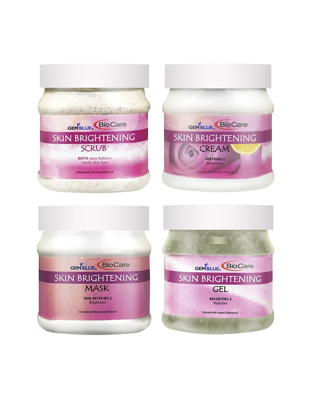 

GEMBLUE BioCare Pack of 4 Skin Brightening Scrub - Mask - Cream & Gel - 500 ml each, White