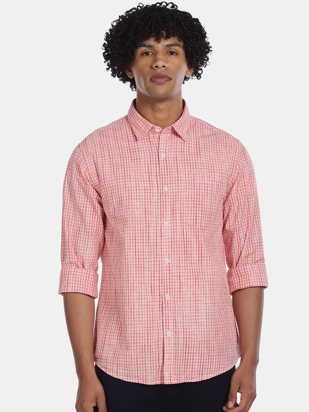 

Ruggers Men Peach-Coloured & White Checked Pure Cotton Casual Shirt