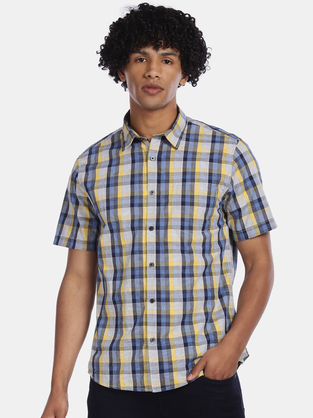 

Ruggers Men Grey & Blue Checked Pure Cotton Casual Shirt