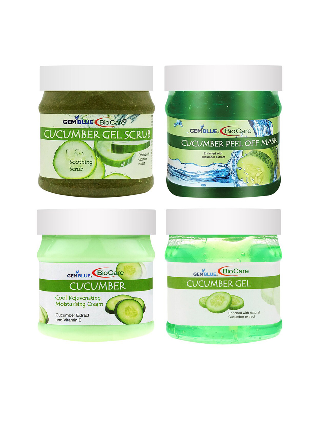 

GEMBLUE BioCare Pack of 4 Cucumber Gel Scrub - Peel Off Mask - Cream & Gel - 500 ml each, Green