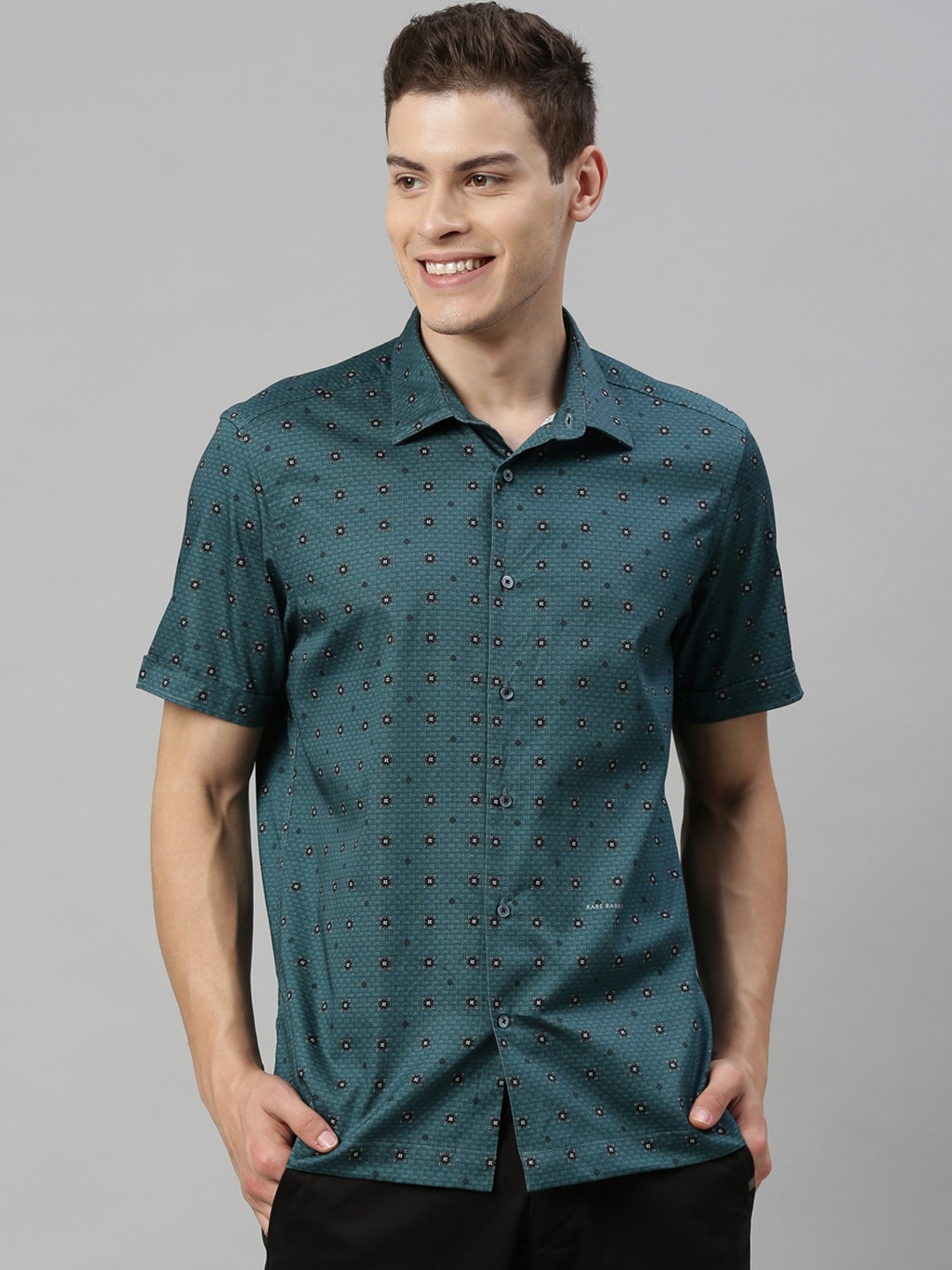 

RARE RABBIT Men Teal Blue & Black Slim Fit Printed Casual Shirt