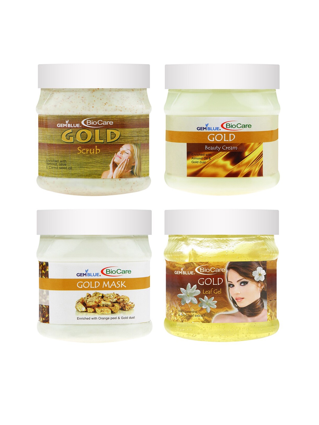 

GEMBLUE BioCare Pack of 4 Gold Scrub - Mask - Cream & Gel - 500 ml each, Yellow