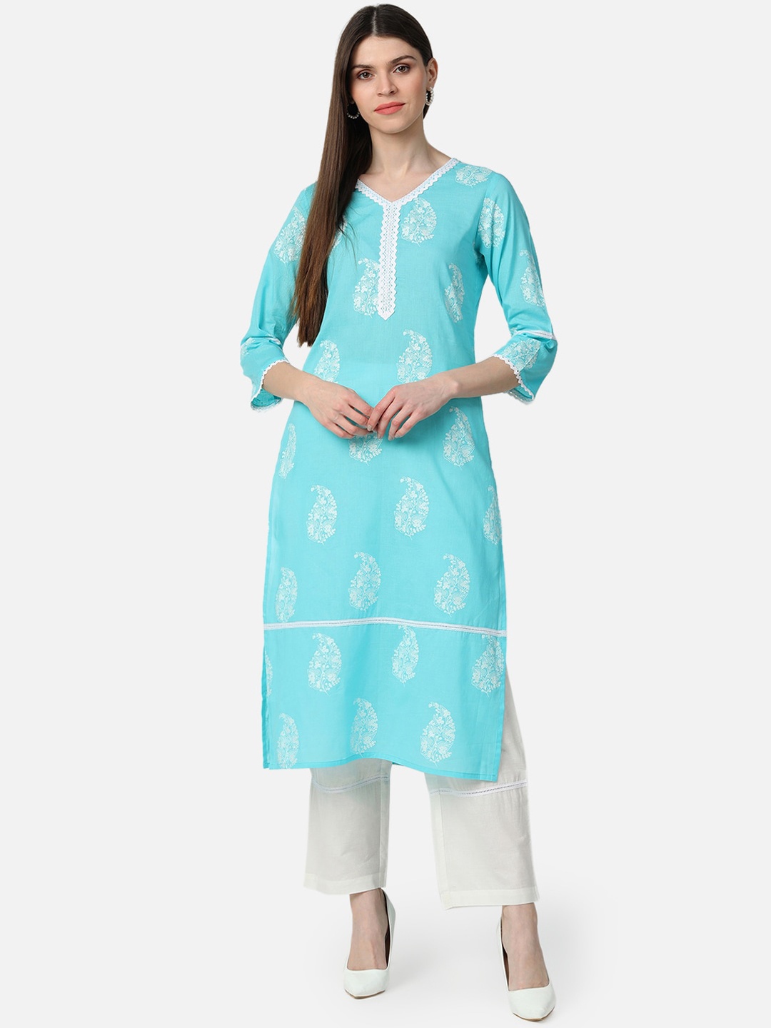 

AHIKA Women Turquoise Blue & White Printed Kurta with Trousers