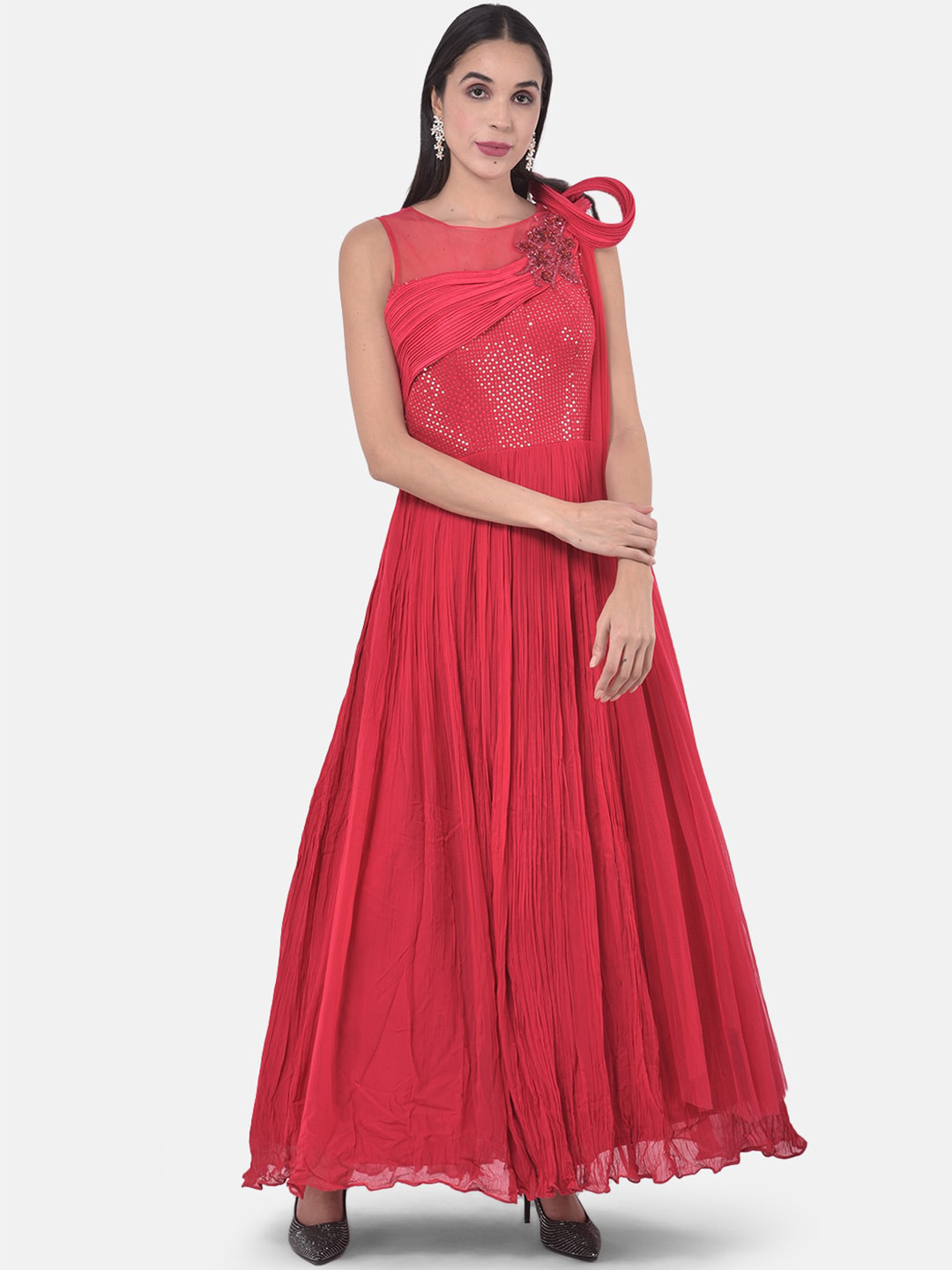 

Neerus Women Coral Pink Georgette Sequinned Ethnic Gown