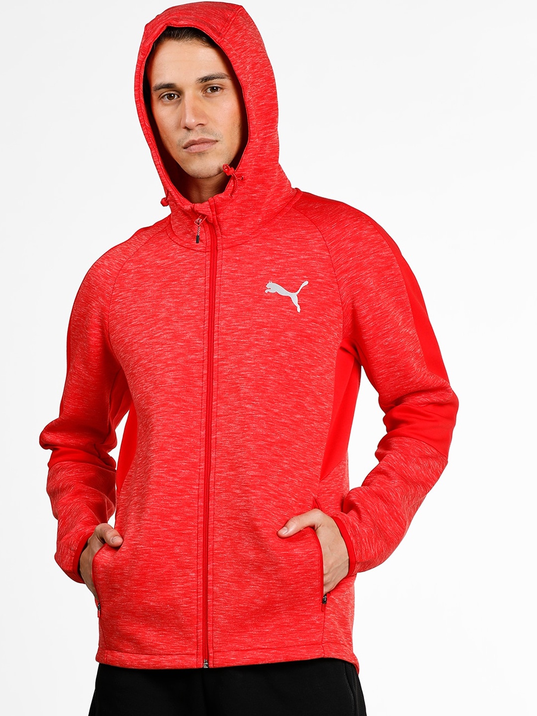 

Puma Men Red Melange EVOSTRIPE Full Zip Hooded Sweatshirt