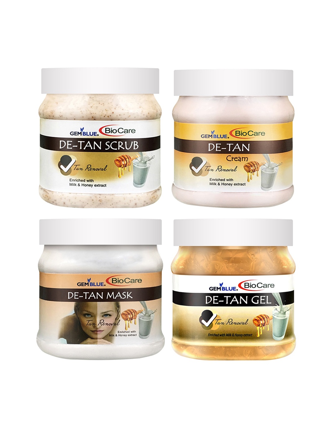 

GEMBLUE BioCare Pack of 4 De Tan Scrub - Mask - Cream & Gel - 500 ml each, White