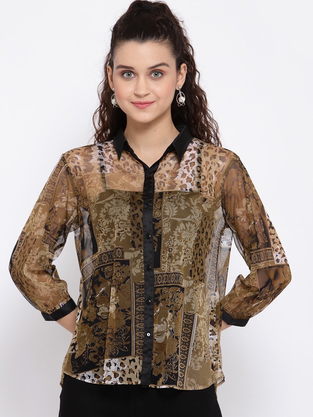 

Style Quotient Women Olive Green & Beige Regular Fit Printed Casual Shirt