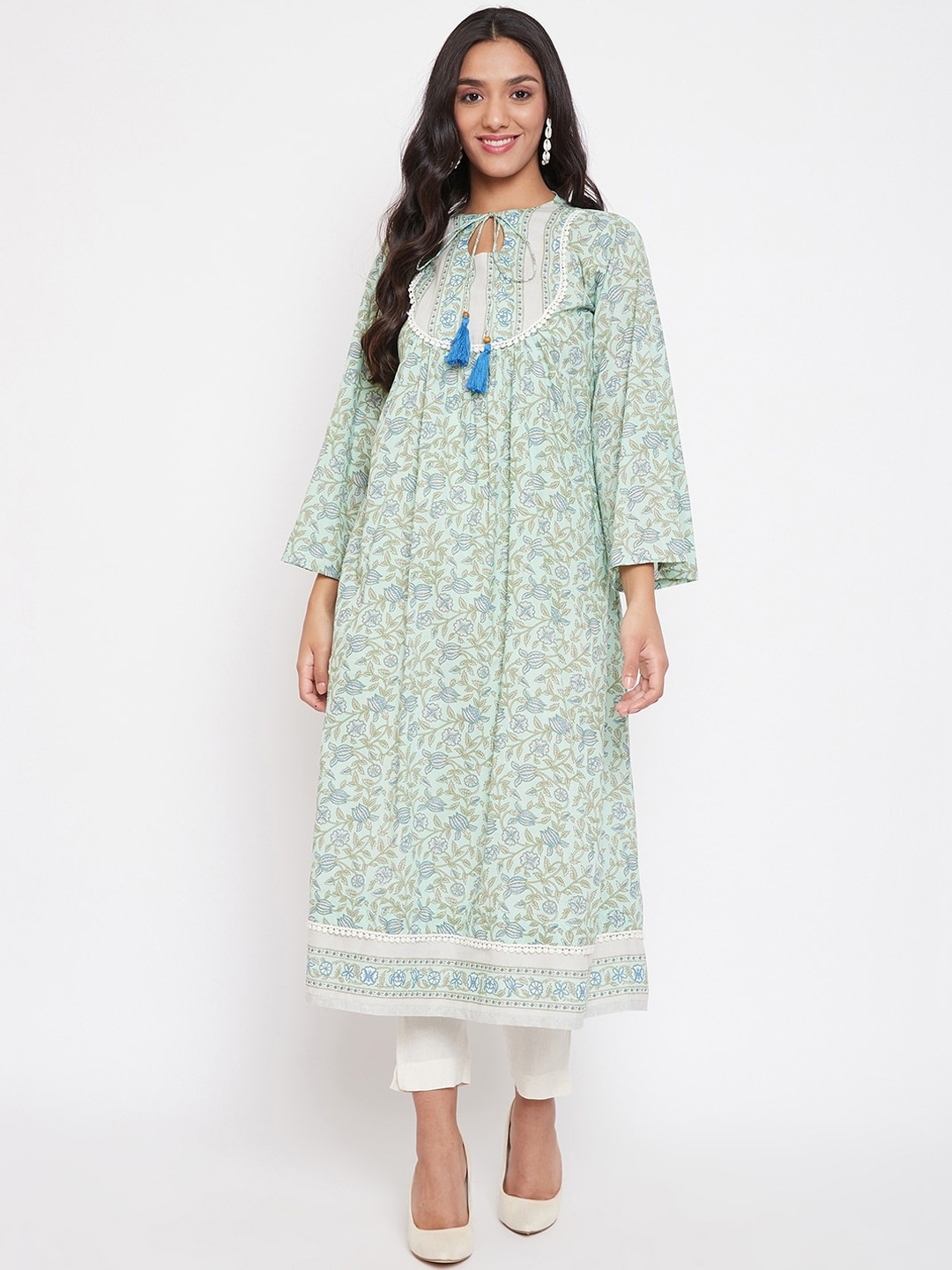 

The Kaftan Company Women Green & Off-White Printed Kurta with Trousers