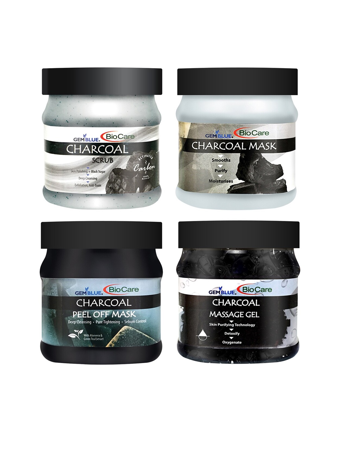 GEMBLUE BioCare Pack of 4 Charcoal Scrub - Peel Off Mask & Mask - Gel - 500 ml each, Grey