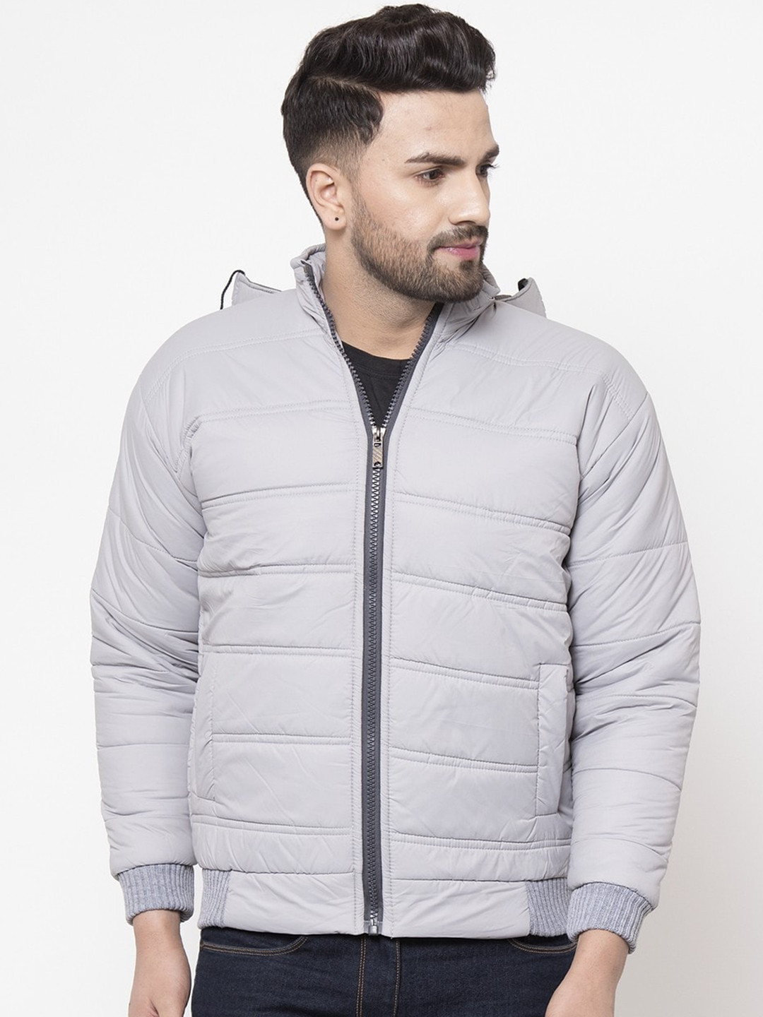 

VOXATI Men Grey Solid Bomber Jacket