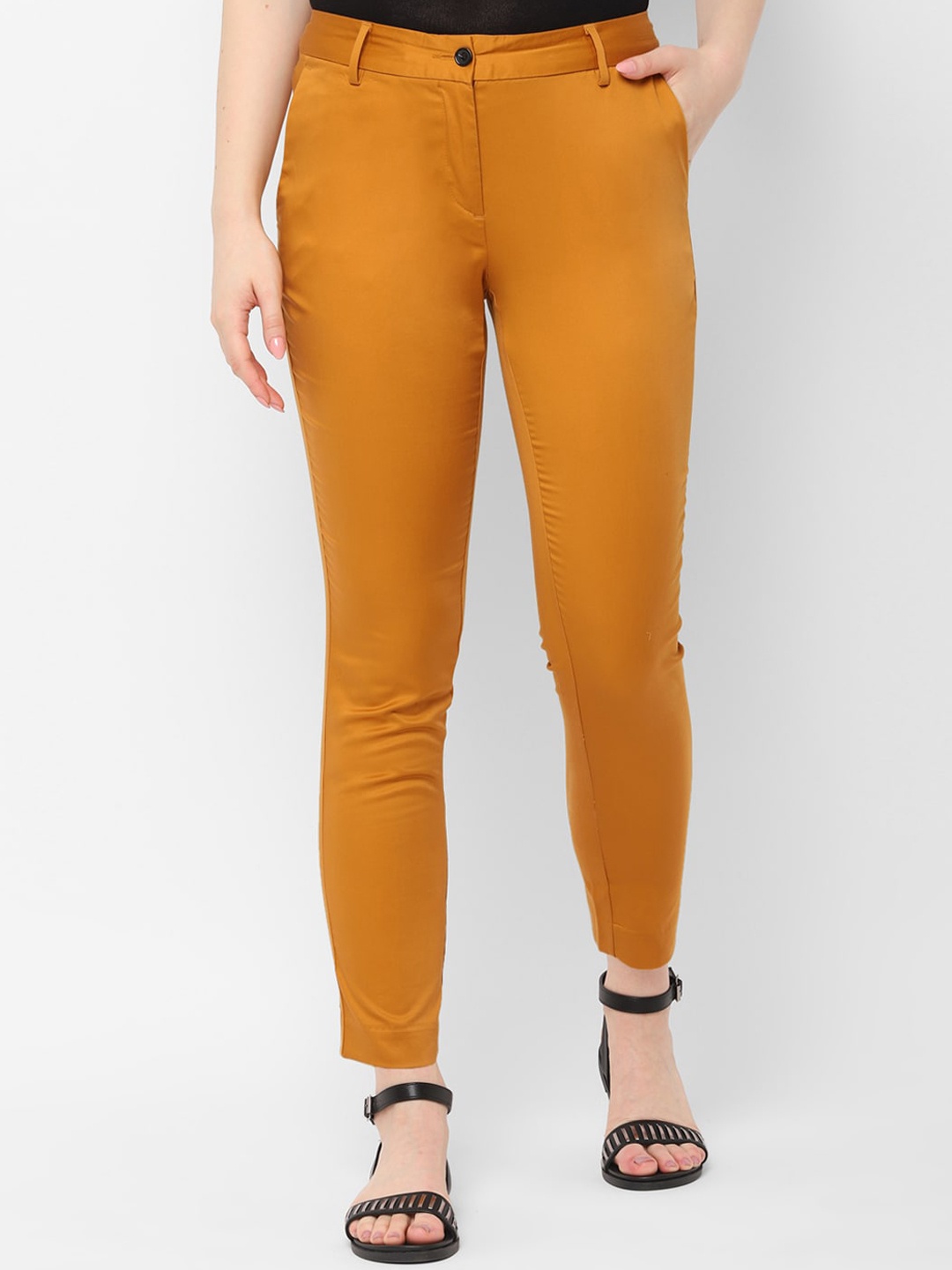

Allen Solly Woman Mustard Yellow Solid Regular Trousers