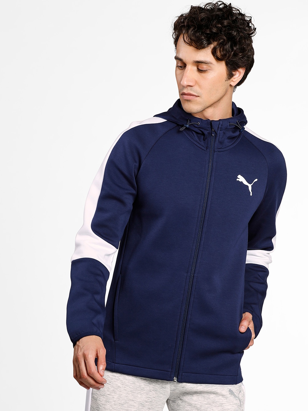 

Puma Men Navy Blue Solid Evostripe Full-Zip Slim Fit Hooded Sustainable Sweatshirt