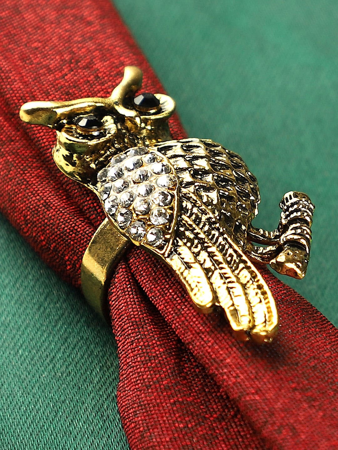 

ANIKAS CREATION Gold-Plated Antique Stone Studded Owl Shape Handcrafted Finger Ring