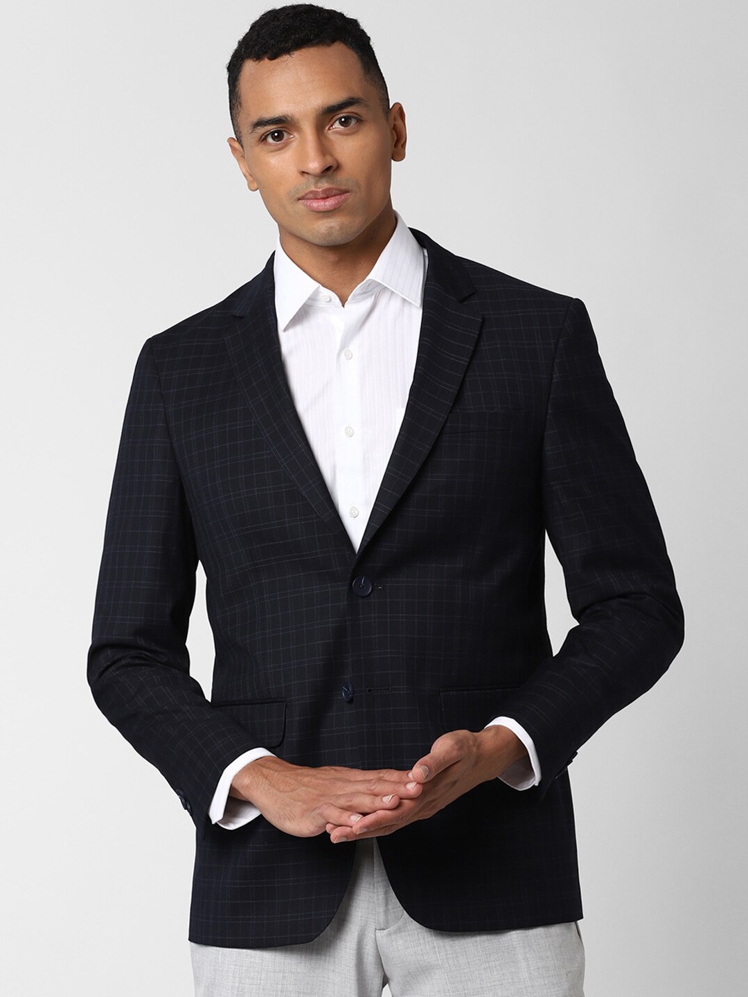 

Peter England Elite Men Navy Blue & Grey Checked Single-Breasted Slim-Fit Formal Blazer
