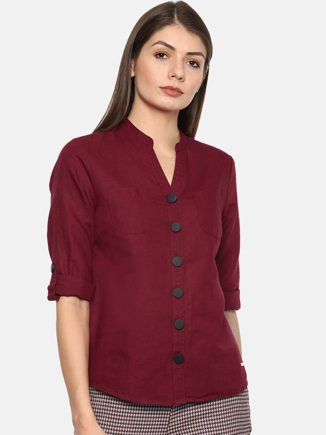 

Van Heusen Woman Maroon Mandarin Collar Shirt Style Top