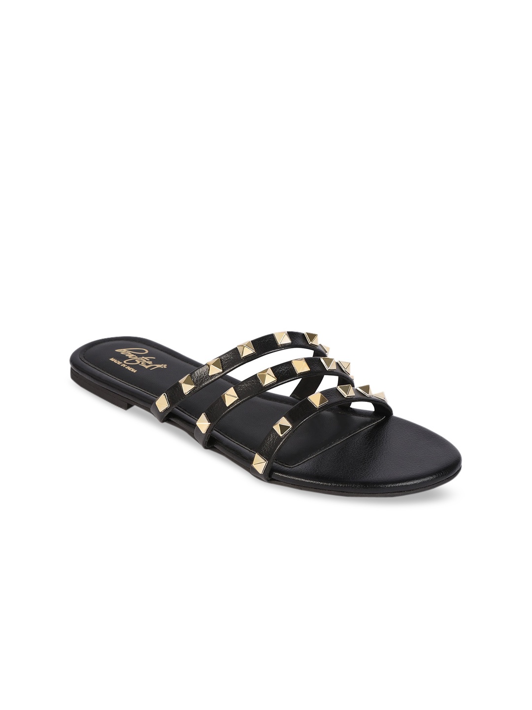 

Bowtoes Women Black & Gold-Toned Embellished Open Toe Flats