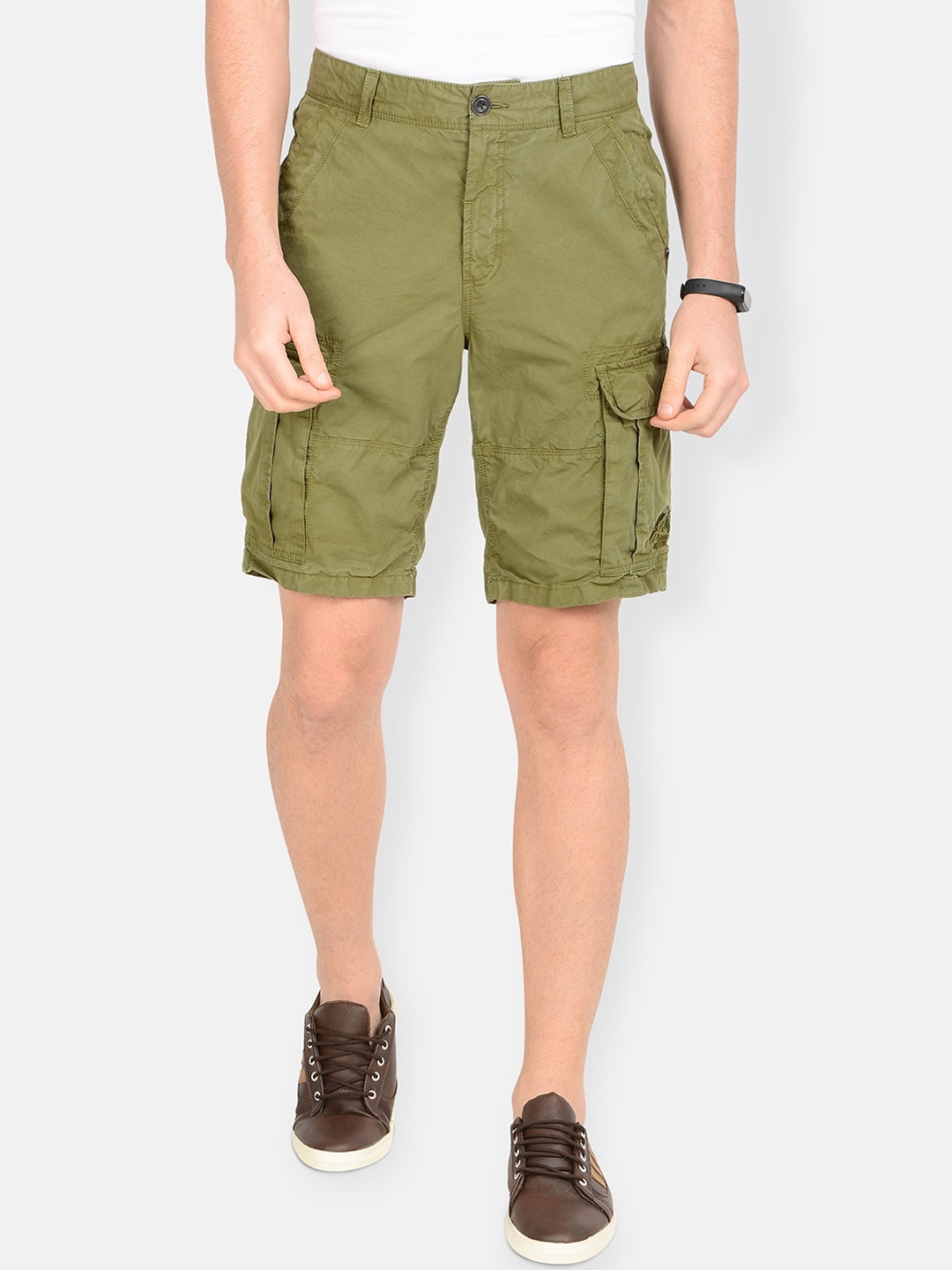 t-base Men Olive Green Solid Regular Fit Cargo Shorts