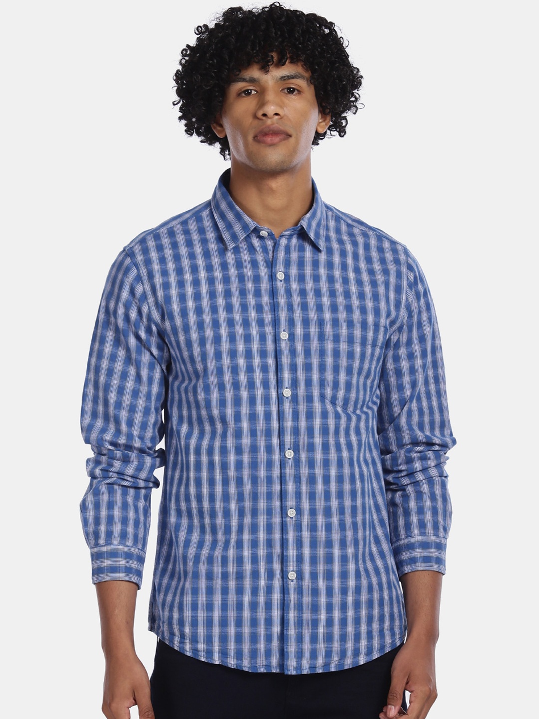 

Ruggers Men Blue & White Checked Pure Cotton Casual Shirt, Navy blue