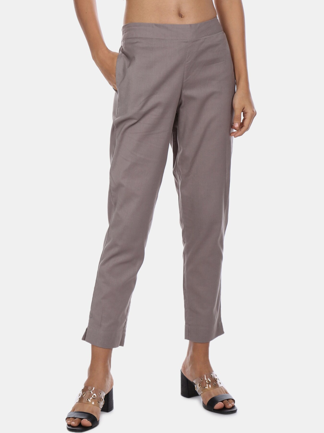 

Karigari Women Grey Solid Regular Fit Cotton Cigarette Trousers