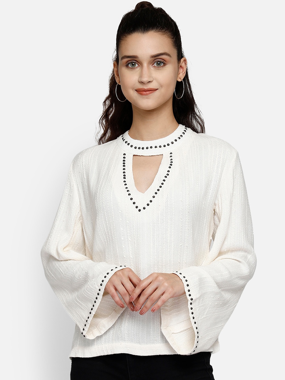 

Aditi Wasan White Jewel Neck Bell Sleeves Studded Regular Top