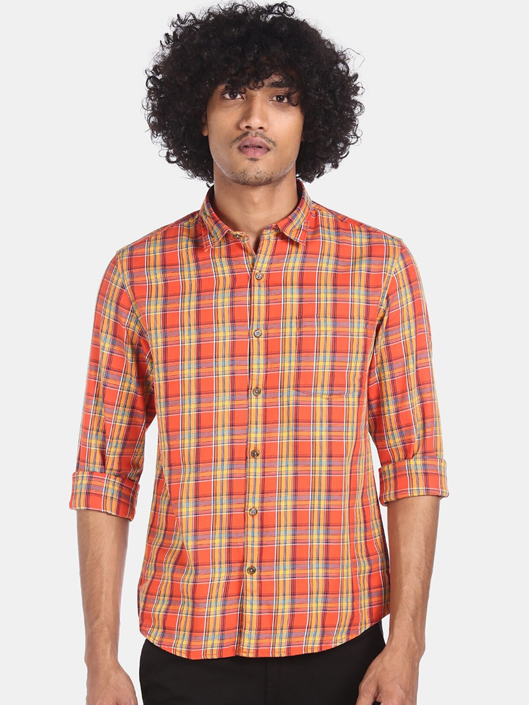 

Ruggers Men Orange & Yellow Checked Pure Cotton Casual Shirt