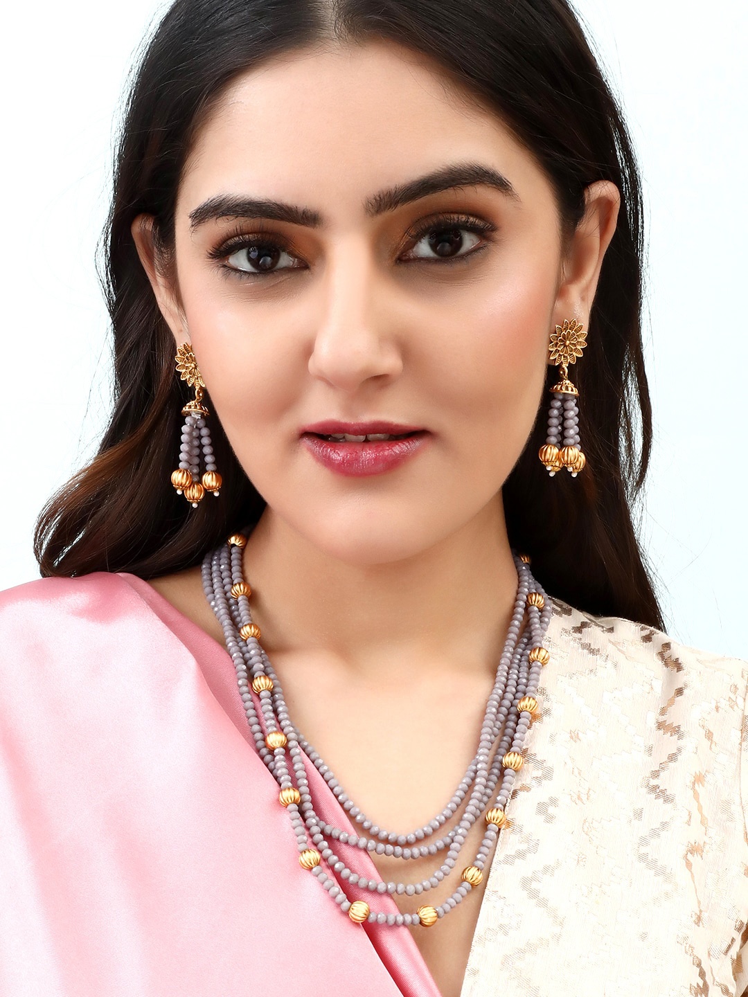 Rubans Gold-Plated & Grey Crystal Beaded Handcrafted Jewellery Set