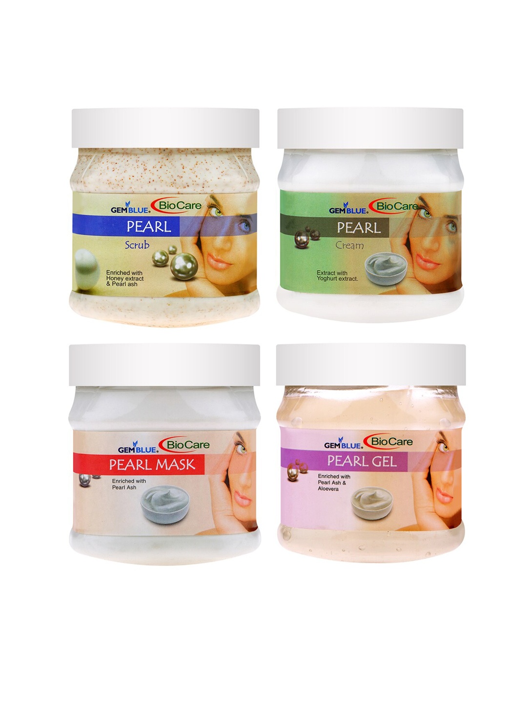 

GEMBLUE BioCare Pack of 4 Pearl Scrub - Mask - Cream & Gel - 500 ml each, White