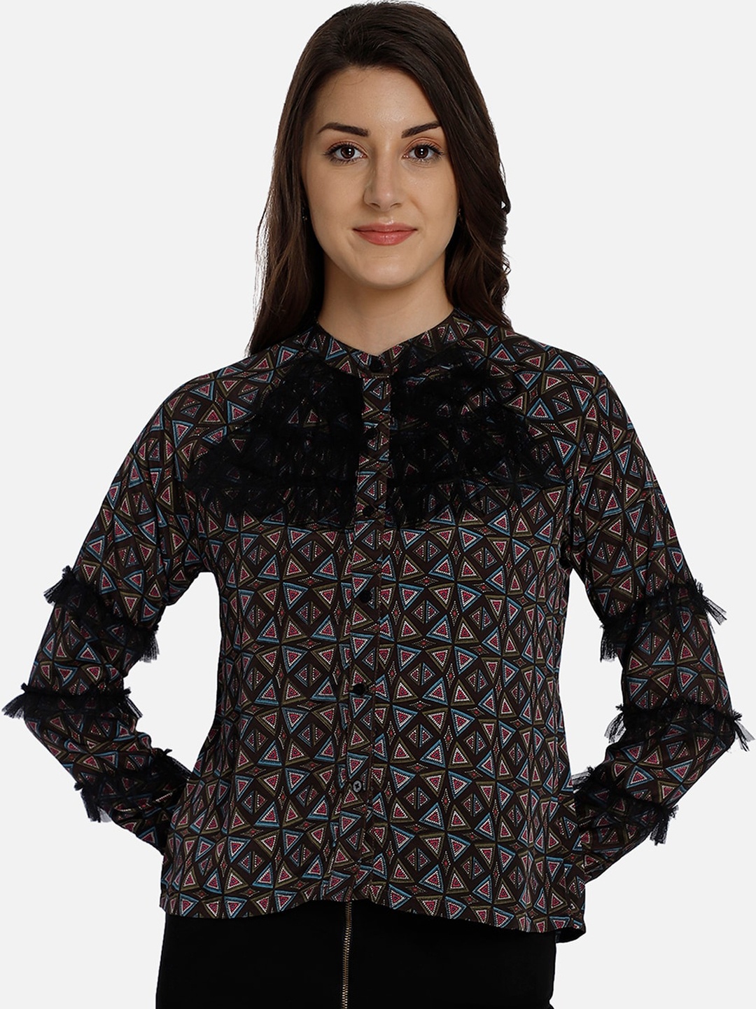 

Yaadleen Green & Black Geometric Printed Mandarin Collar Crepe Shirt Style Top