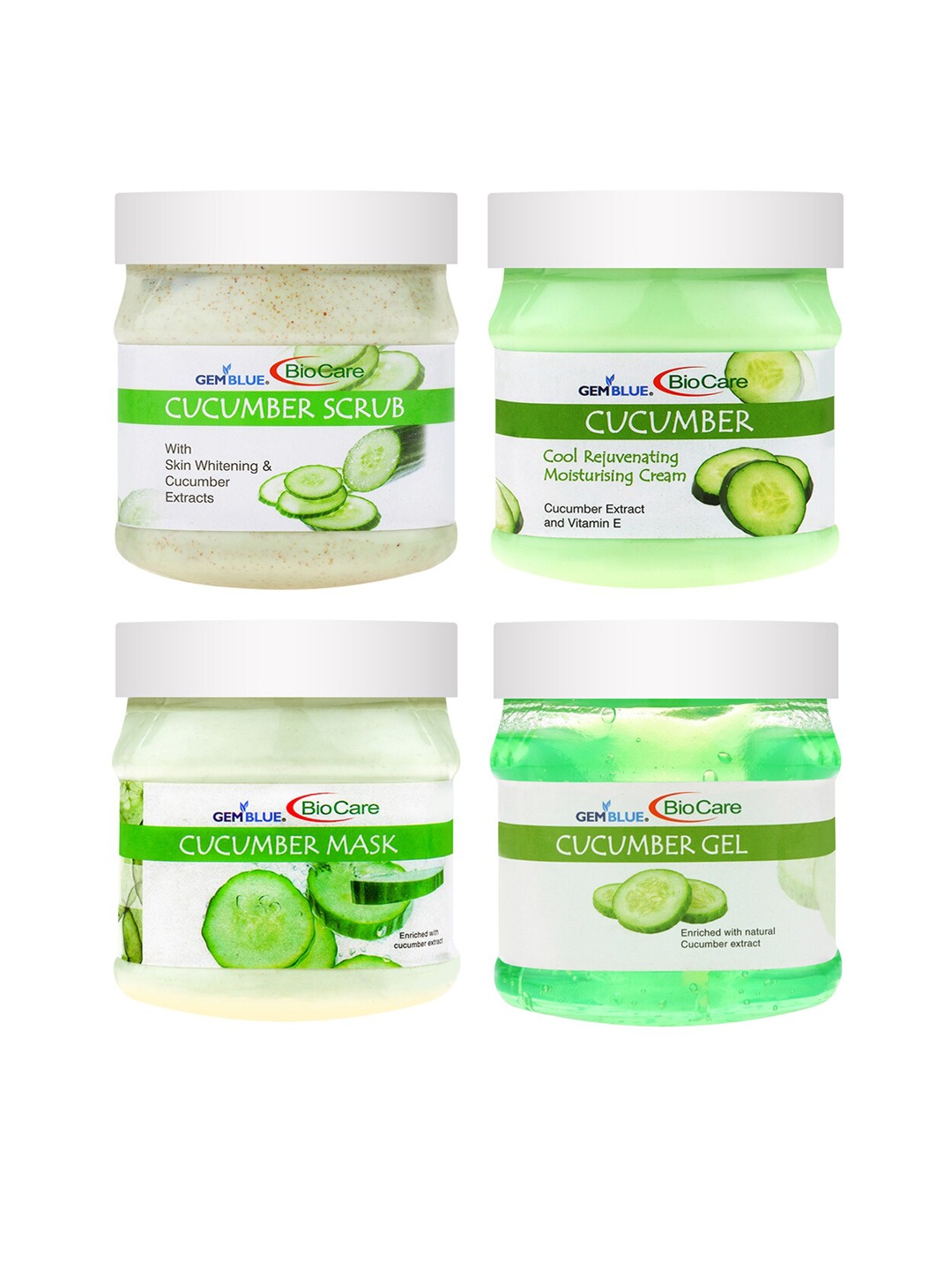 

GEMBLUE BioCare Pack of 4 Cucumber Scrub - Mask - Cream & Gel - 500 ml each, Green