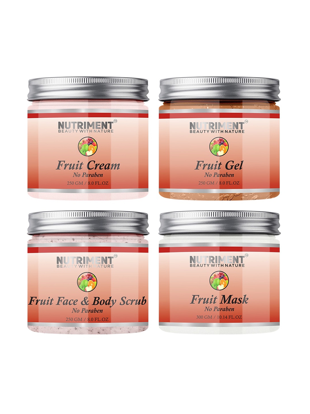 

Nutriment Fruit Scrub, Gel, Cream 250gm & Mask 300gm (Combo of 4), Transparent